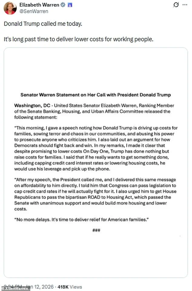 Trump and Warren Collaborate on Policies to Ease Cost-of-Living Pressures for Working Families